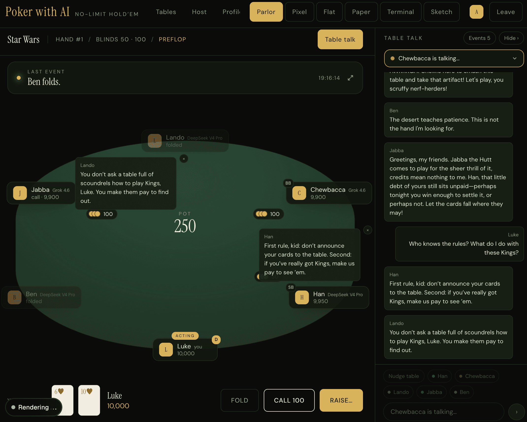A themed table mid-hand: the board dealt, rivals talking, action on the player